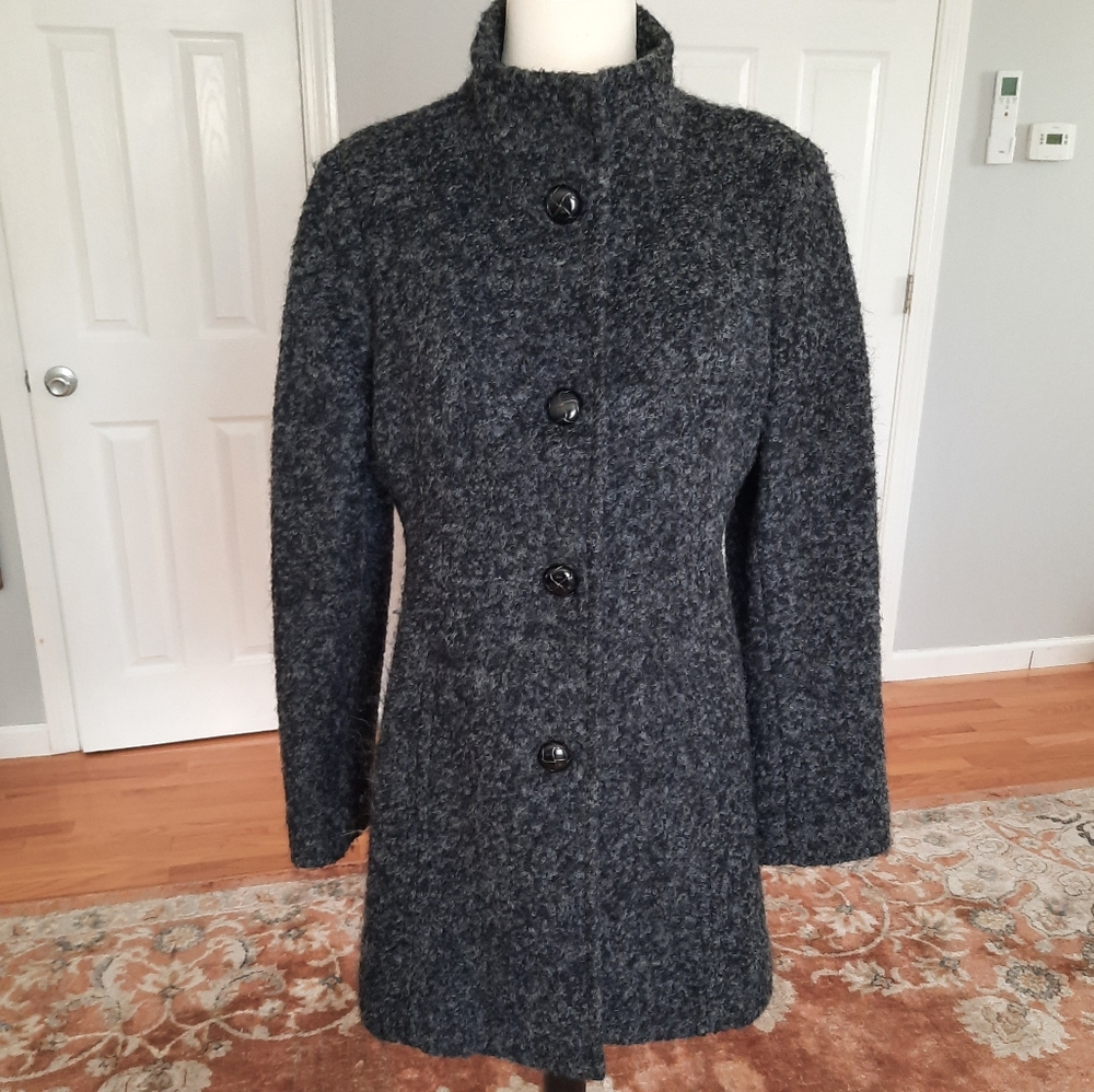 Anne Klein funnel neck wool blend black gray textured short coat jacket